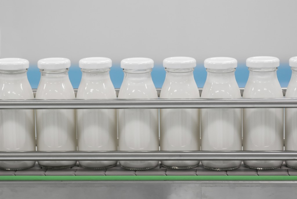 Conveyor with glass bottles filled with milk products